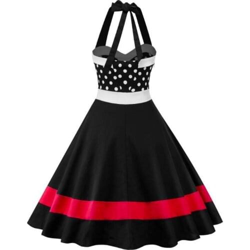 Womens Vintage Retro Dresses 50s 60s Robes Rockabilly Swing Polka Dot Print Patchwork Halter Pin Up Hepburn Midi Dress Femme