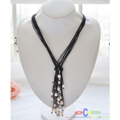 Wholesale 20" white pink rice pearl black leather necklace 3Pcs