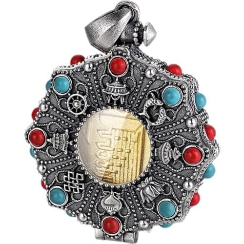 BOCAI New 100% S925 Silver Jewelry Retro Good Luck Eight Treasures Buddhism Open Lid Gawu Box Personality Man and Woman Pendant