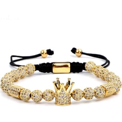 New Fashion Luxury CZ Micro Pave Ball Crown Charm Beads Custom Adjustable Macrame Bracelet Men Women
