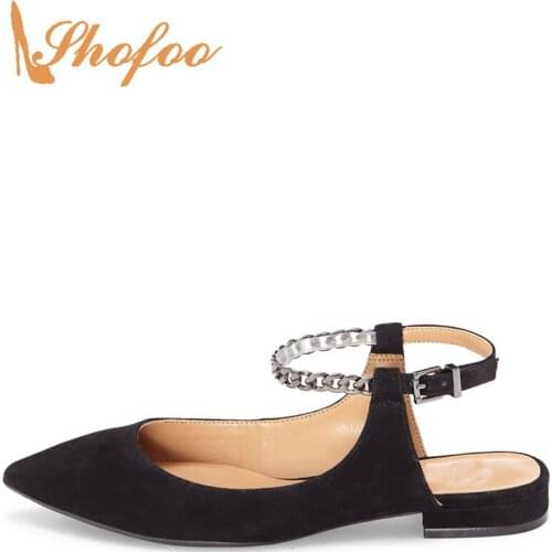 Black Slingbacks Flats Chains Closed Pointed Toe Woman Large Size 11 15 Ladies Summer Fashion Buckle Strap Mature Shoes Shofoo