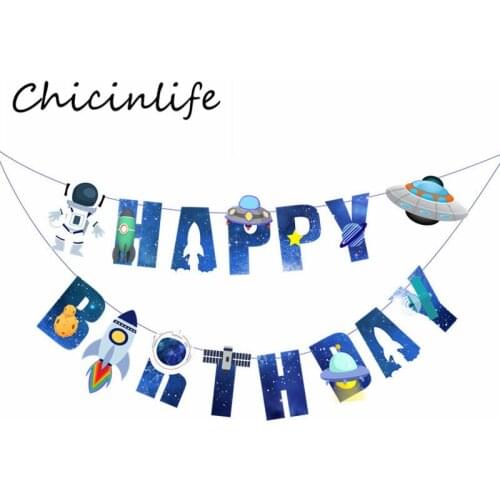 Chicinlife 1Set Astronaut Outer Space Happy Birthday Banner Galaxy Rocket Spaceship Baby Shower Boy Kids Birthday Party Supplies