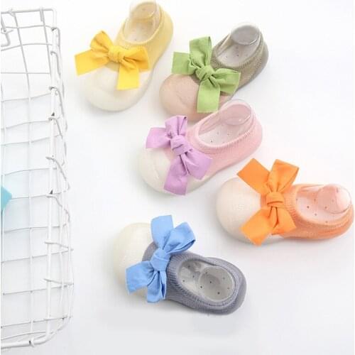 Baby Boys Girls Sock Shoes Spring Non-slip Floor Bow Socks Kids Soft Bottom Toddler Shoes Socks Baby Socks with Rubber Soles