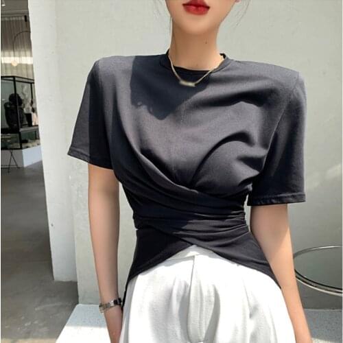 Solid T Shirts Females Casual Ruched Irregular T Shirt For Women O Neck Short Sleeve Summer Fashion Stylish