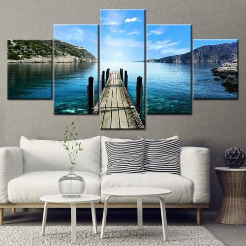 Canvas Painting the Seascape wood bridge lake blue sky 5 Pieces Wall Art Painting Modular Wallpapers Poster Print Home Decor