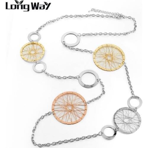 LongWay Gold Color Silver Color Necklaces With Round Pendants For Women Long Chains Necklaces Fashion Jewelry SNE160118103