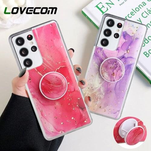 LOVECOM Gilt Glitter Marble Case With Holder For Samsung S21 S20 Ultra S10 Plus Note 20 10 Plus A52 A72 A71 A50 Soft Epoxy Cover