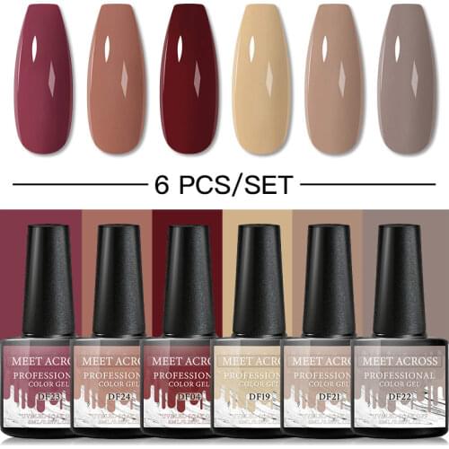 MEET ACROSS 2/4/6 Pcs Gel Nail Polish Set Bright Semi Permanent Hybrid Gel Varnish Soak Off UV Gel Base Top Coat