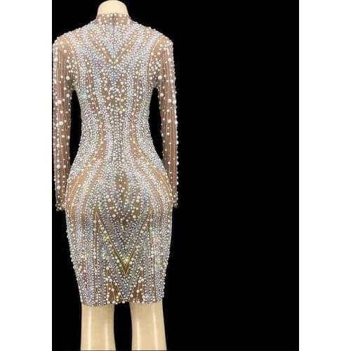 Flashing Rhinestone Pearls Transparent Short Dress Evening Birthday Celebrate Costume Wedding Dancer Prom Party Dress