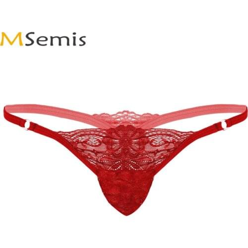 Mens Sissy Lingerie Sexy Lace T-back Transparent Panties Homme Mini Bikini Bulge Pouch G-String Briefs Gay Tanga Thong Underwear