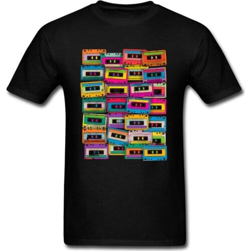 Men Top T Shirts Colored Retro Neon Music Tape Cassette Print Tshirt Custom Male Cotton Shirt Sweatshirt Fashion Hip Hop Casual