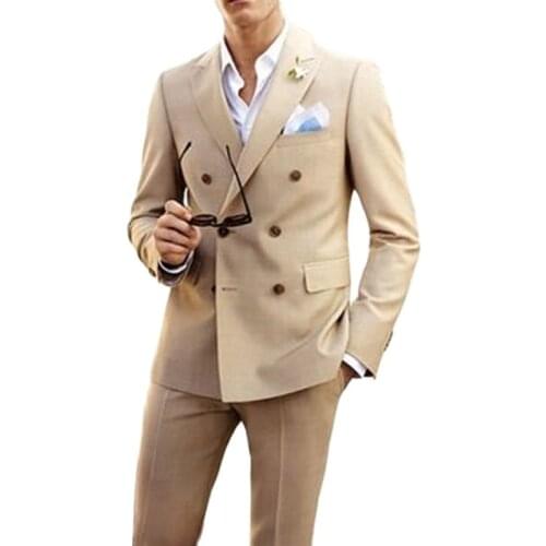 Double Breasted Men Suits Slim Fit Beige Peaked Lapel Groomsmen Tuxedo for Wedding 2 Piece Custom Jacket with Pants Male Fashion