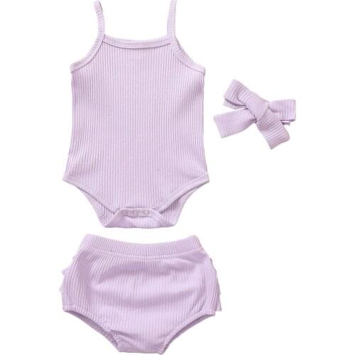 Pudcoco Newborn Baby Girl Clothes 3Pcs Outfits Set Sleeveless Solid Color Knitted Cotton Sling Romper Ruffle Shorts Headband