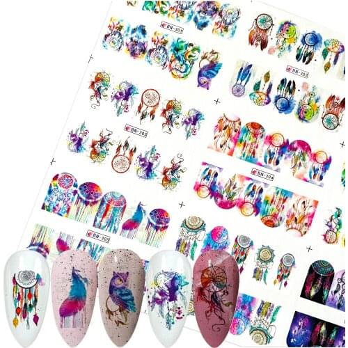 12 Designs Colorful Dream Catcher Feather Water Transfer Decal Sliders feather Wind Chime for Nail Art Decoration Tattoo 2020