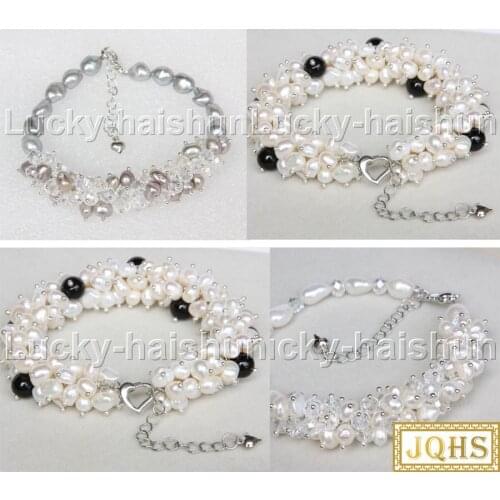 JQHS Adjustable Handmade Baroque white Gray pearls agates crystal Beaded bracelet j11774-3