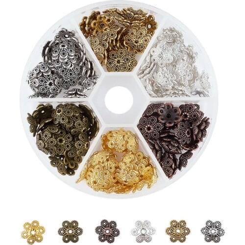 1 Box 6 Color Tibetan Style Alloy Flower Bead Caps, 6-Petal, Cadmium Free & Lead Free, Mixed Color, 9.5x10x3mm, Hole: 1.5mm