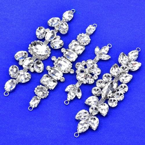 High-Quality Clear Crystal Bridal Rhinestone Applique Strass Flower Motif In Silver Metal Wedding Dress Belt DIY Shoes/Bags