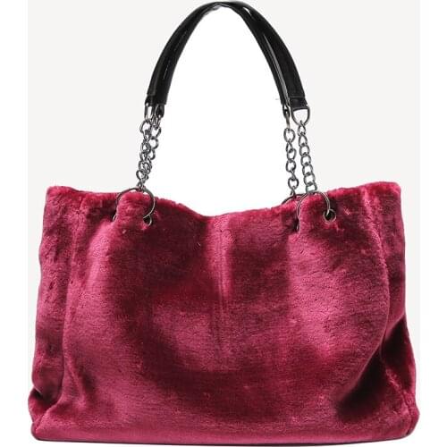 Women Fluffy Party Chain Strap Outdoor Large Capacity Winter Daily Storage Zipper Closure Crossbody Shoulder Bag Soft Plush