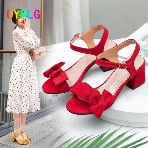 Summer 2021 yellow Korean suede buckle bow round head thick heel red rubber fashion sandals womens sandals shoes for women