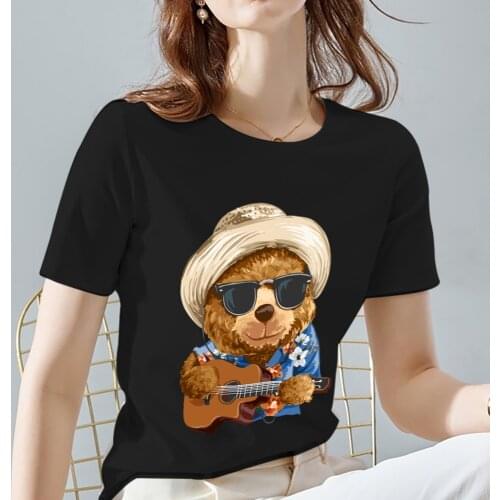 Women Printing T-shirts Black All-match Cartoons Cute Bear Pattern Tee Classic O-neck Commuter Short Sleeve Tee,Drop Shipping
