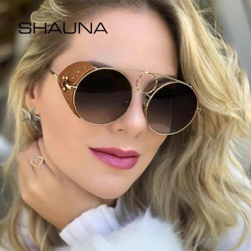 SHAUNA Luxury PU Leather Punk Sunglasses Women Retro Rivet Round Steampunk Glasses Men