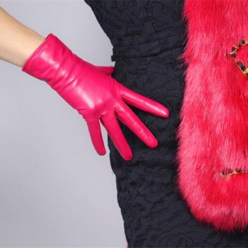 Women Real Leather Gloves 25cm Short Goatskin Thin Velvet Lined With Purple Red Rose Red MH-S00193