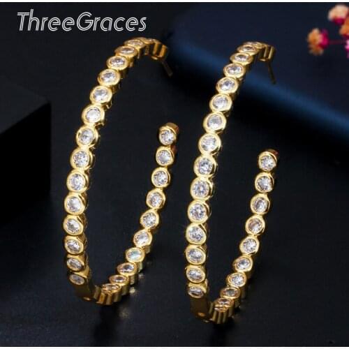 ThreeGraces Gorgeous European White Cubic Zirconia Big Round Ear Circle Golden Hoop Earrings for Women Fashion Accessories ER368