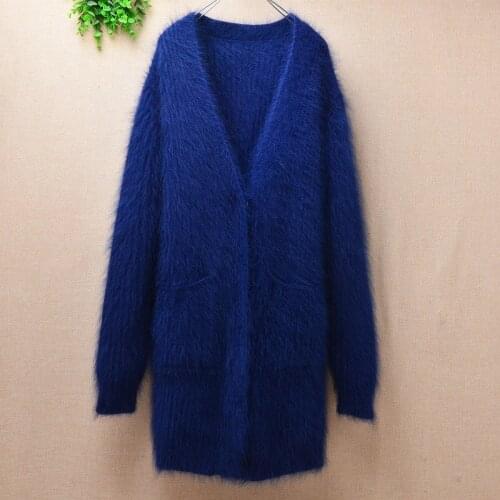 Ladies women fashion blue hairy fluffy mink cashmere knitted deep v-neck long sleeved blue long cardigans button angora fur coat