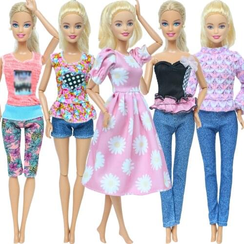 5 Pcs Handmade Doll Outfits Mixed Style Lace Tops Lattice T-shirt Pants Dress Trousers for Barbie Doll Accessories Girls Toy