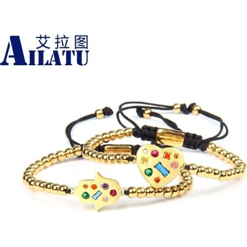 Ailatu New 7 Chakra Bracelet Cz Fatima Hand & Heart Bracelet 4mm Stainless Steel Beads Yoga Bracelet For Women Top Quality