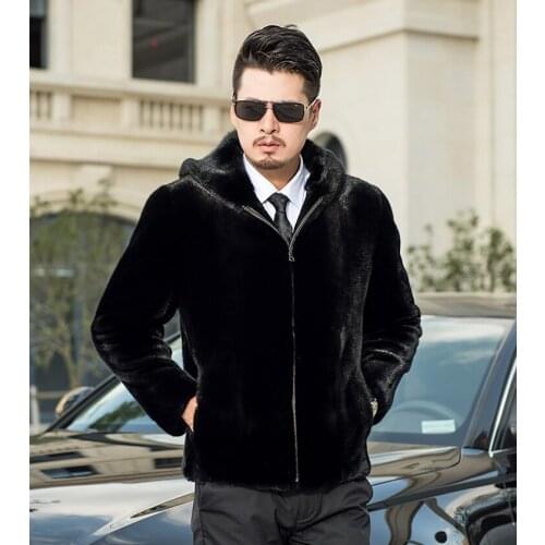 Free Shipping Genuine Mink Fur Jacket Real Mink Fur Coat Black Mens Real Fur Garment with Hood Wholesale Retail OEM