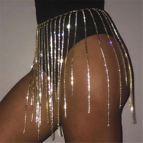 Glitter Rhinestone Long Tassel Skirts Gold Silver Crystal Diamonds Loose Adjustable Sexy Women Summer Beach Bikini Mini Skirt