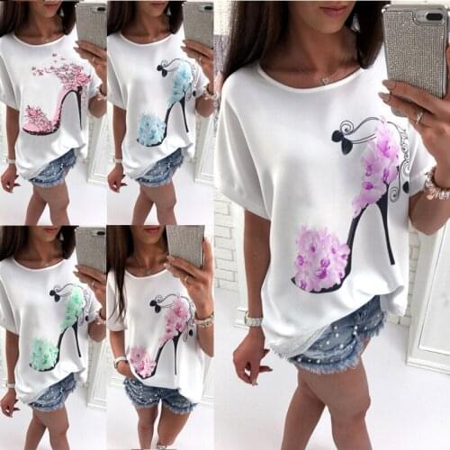 Plus Size 3XL Female Short Sleeve High Heels Printed Tops girl Casual Loose T-Shirt Womens high heel printed T-shirt mujer moda
