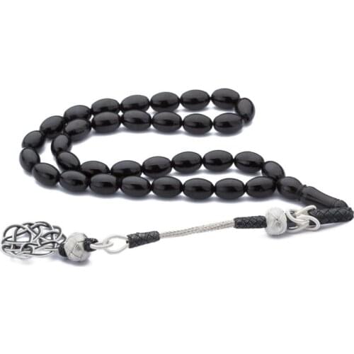 Natural Jet Stone Prayer Bead With Silver Tassel Men Rosary Islamic Tasbih 925 Sterling Silver