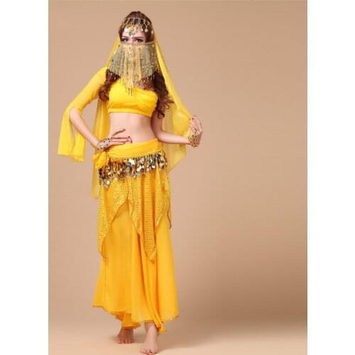 HOT SALE !! 2017 New Sexy Belly Dance Costume Set 5pcs (Top+Skirt+Belt+Headwear+Veil) Bollywood/Indian Dance Costumes Dancewear