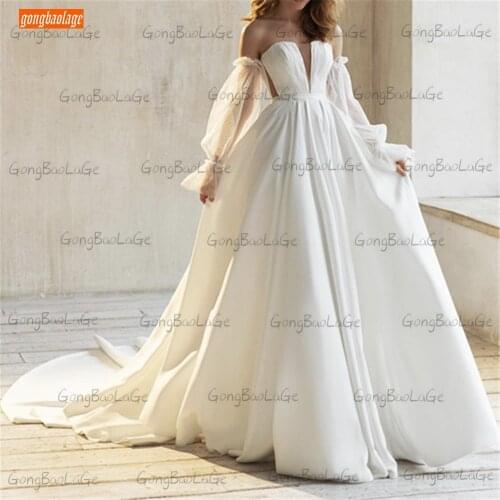 Graceful white wedding Dresses 2021 vestido de noiva Custom Made свадебные платья A Line Satin Chic Long Puff Sleeve Bride Gowns