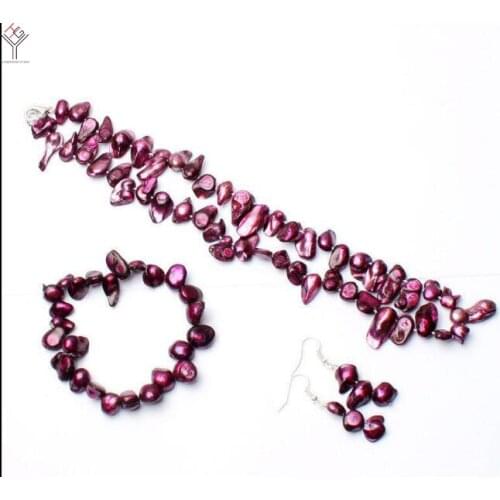 Women Jewelry set 8-15mm Bright deep purple baroque elongated pearl necklace bracelet hook Earring natural freshwater pearl