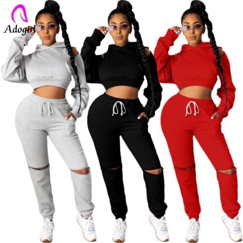 Tracksuit Active Wear Sporty Jogging Suit Women Casual Off Shoulder Long Sleeve Hooded Sweatshirt+hole Sweatpant 2 Piece Sets