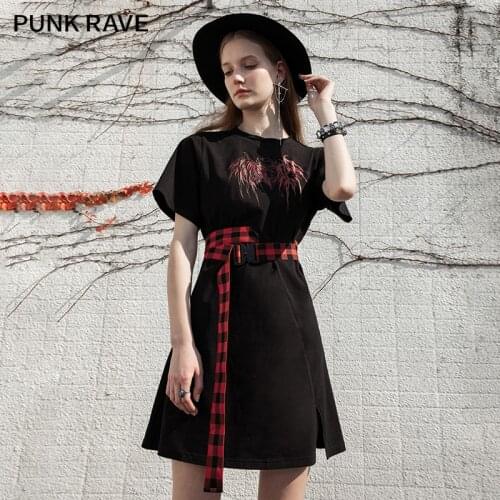 PUNK RAVE Girls Summer Dark Style Belt Decoration Dress Printing Design Simple Casual Little Black Dress Women