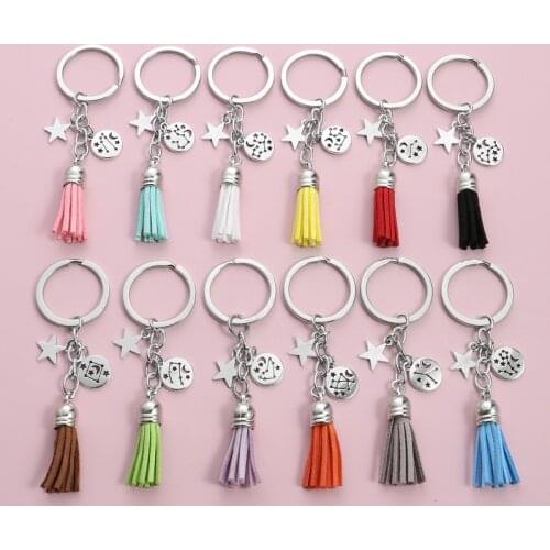 New Design Keychain Twelve Constellations Key Ring Star Moon And Tassel Key Chains Friendship Couple Gifts DIY Jewelry Handmade