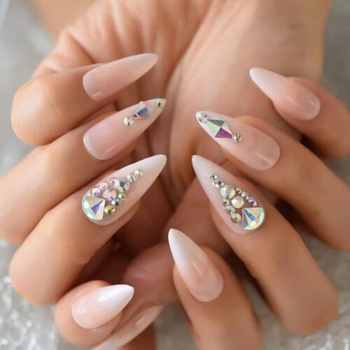 Ombre Stiletto Nails Pink White Gradient Fake Nails Luxury 3D Diamond Rhinestone Inlaid Steeple Long False Nail