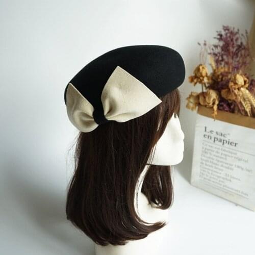 202108-panshi-black white bowknot wool autumn winter warm street sweet lady beret hat women Leisure painter hat