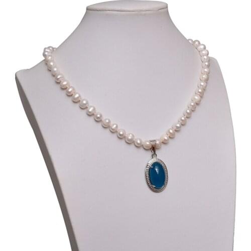 8-9mm Size For Natural White Pearls With Blue Pendant 22x31x9mm Making Diy Pearls Necklace 18inch For Ladies Women Gifts H588