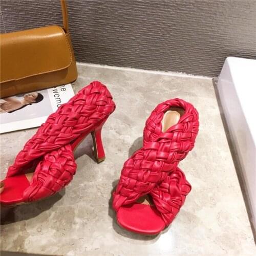 Sexy Thin High Heels Fashion Ladies Gladiator Sandals Weave Open Toe Slip On Rome Slides Women Dress Shoes size