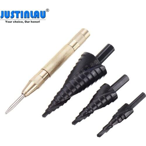 JUSTINLAU 3Pcs 4-32/20/12mm Nitrided Black Spiral Grooved Step Drill Bit with Automatic Center Pin Punch