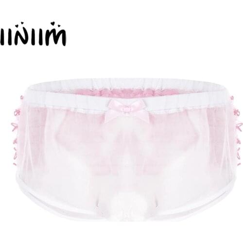 Mens Porno Lingerie Sexy Transparent Lace Frilly Panties Sissy G String Briefs Gay Crossdress Underpants Male Exotic Underwear