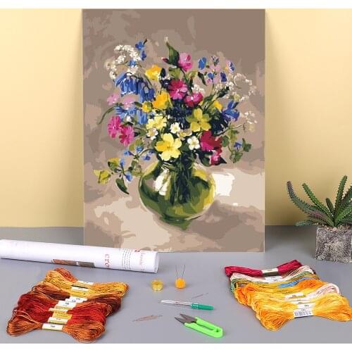 Flower Vase Pre-Printed 11CT Cross-Stitch Patterns Embroidery DMC Threads Handicraft Knitting Sewing Handiwork Magic Gift