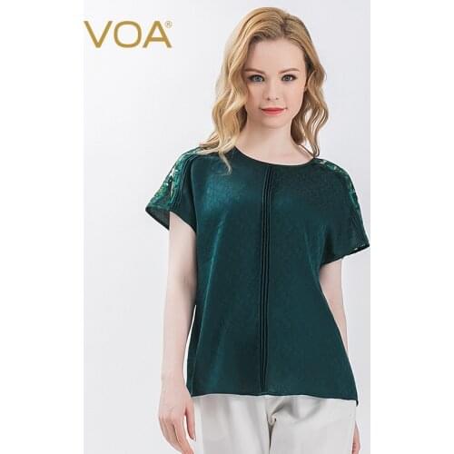 VOA Dark Green Silk Jacquard Round Neck Organ Pleated Shoulder Hollow Embroidered Mesh Short Sleeve Freehand Bat Shirt women B52