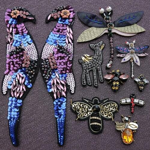 Bird dragonfly Bee Crystal bead Embroidery applique fabric sweater clothes patch stickers t-shirt diy decoration