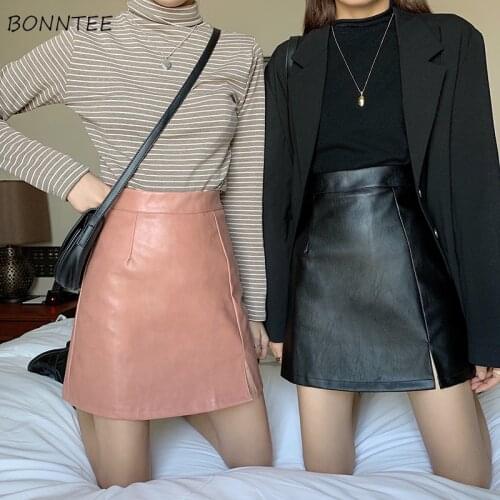 Skirts Women PU Mini Solid A-line High Waist New Spring Slim Side-slit Buttocks Korean Style Elegant All-match Trendy Leisure
